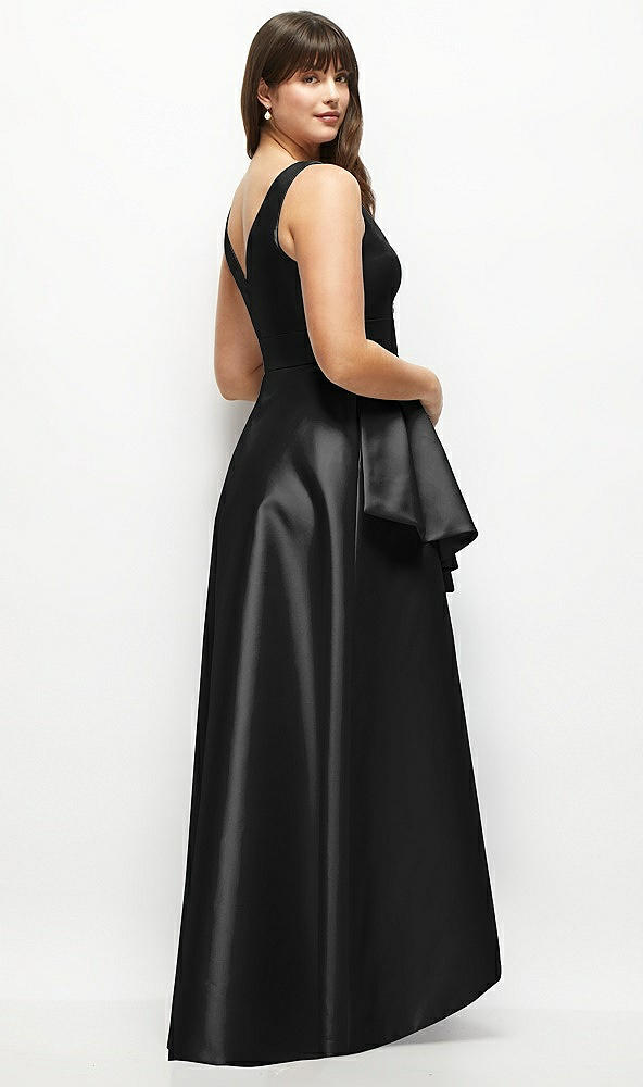 Back View - Black Satin Maxi Dress with Asymmetrical Layered Ballgown Skirt