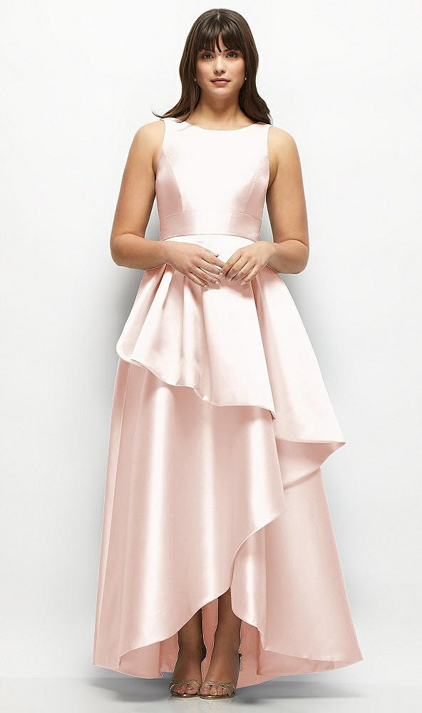 Front View - Blush Satin Maxi Dress with Asymmetrical Layered Ballgown Skirt