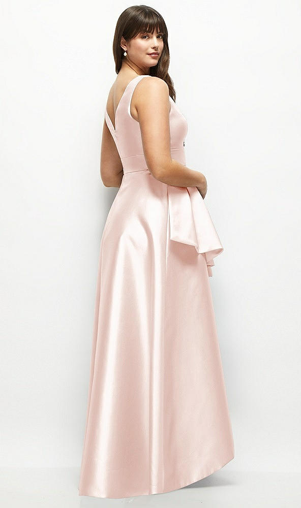 Back View - Blush Satin Maxi Dress with Asymmetrical Layered Ballgown Skirt
