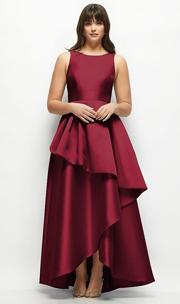 Front View - Burgundy Satin Maxi Dress with Asymmetrical Layered Ballgown Skirt