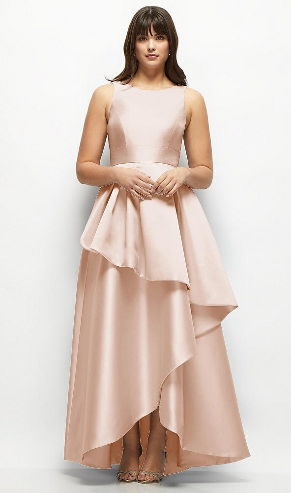Front View - Cameo Satin Maxi Dress with Asymmetrical Layered Ballgown Skirt