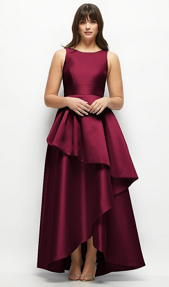 Front View - Cabernet Satin Maxi Dress with Asymmetrical Layered Ballgown Skirt