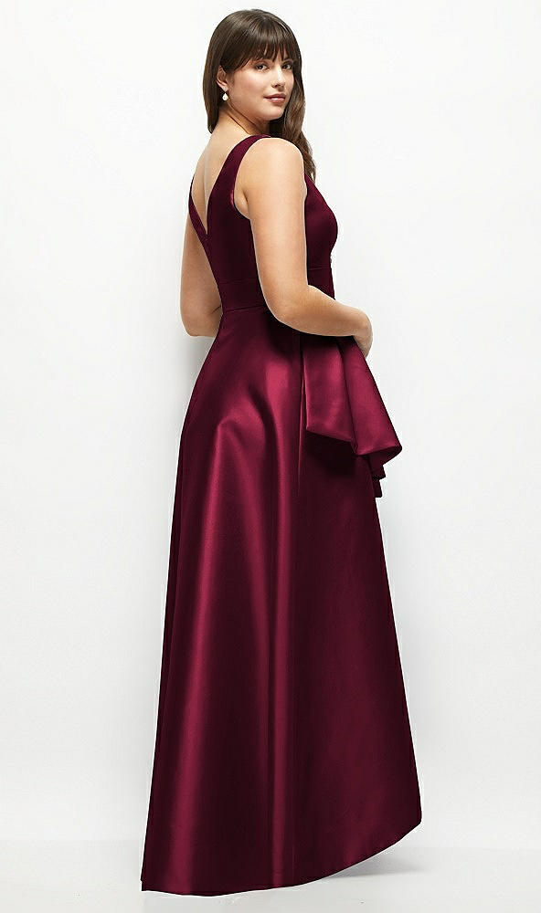 Back View - Cabernet Satin Maxi Dress with Asymmetrical Layered Ballgown Skirt