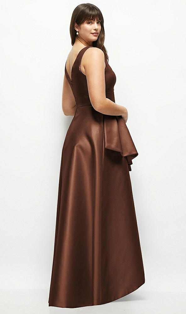 Back View - Cognac Satin Maxi Dress with Asymmetrical Layered Ballgown Skirt