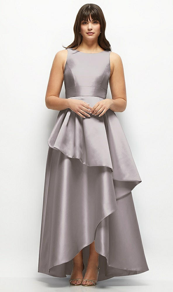 Front View - Cashmere Gray Satin Maxi Dress with Asymmetrical Layered Ballgown Skirt