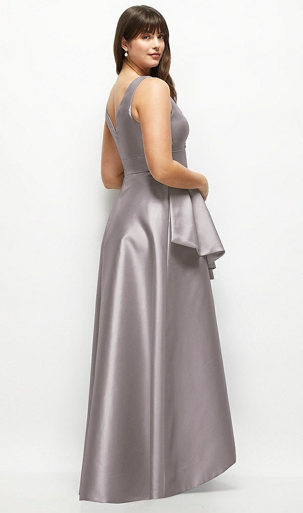 Back View - Cashmere Gray Satin Maxi Dress with Asymmetrical Layered Ballgown Skirt