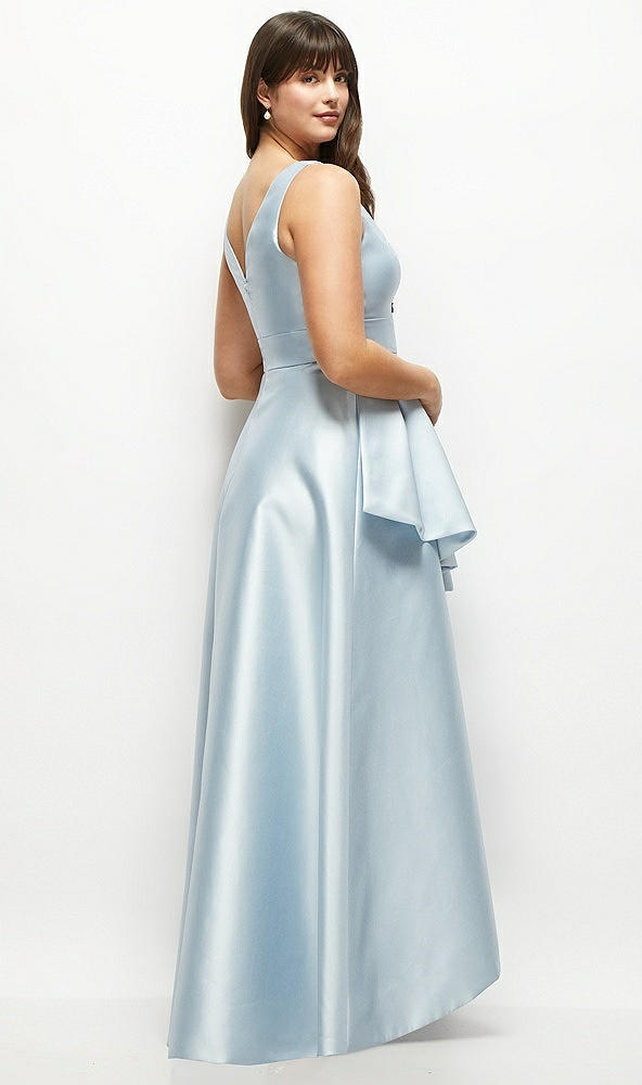 Back View - French Blue Satin Maxi Dress with Asymmetrical Layered Ballgown Skirt