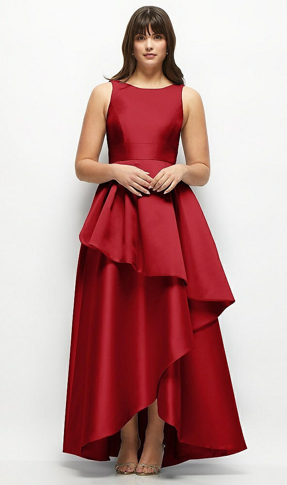 Front View - Garnet Satin Maxi Dress with Asymmetrical Layered Ballgown Skirt