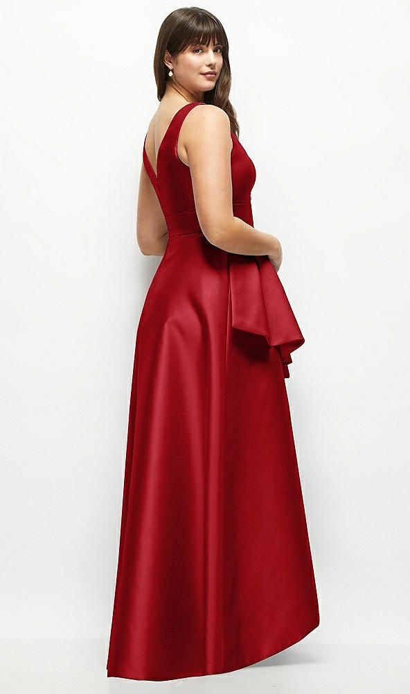 Back View - Garnet Satin Maxi Dress with Asymmetrical Layered Ballgown Skirt