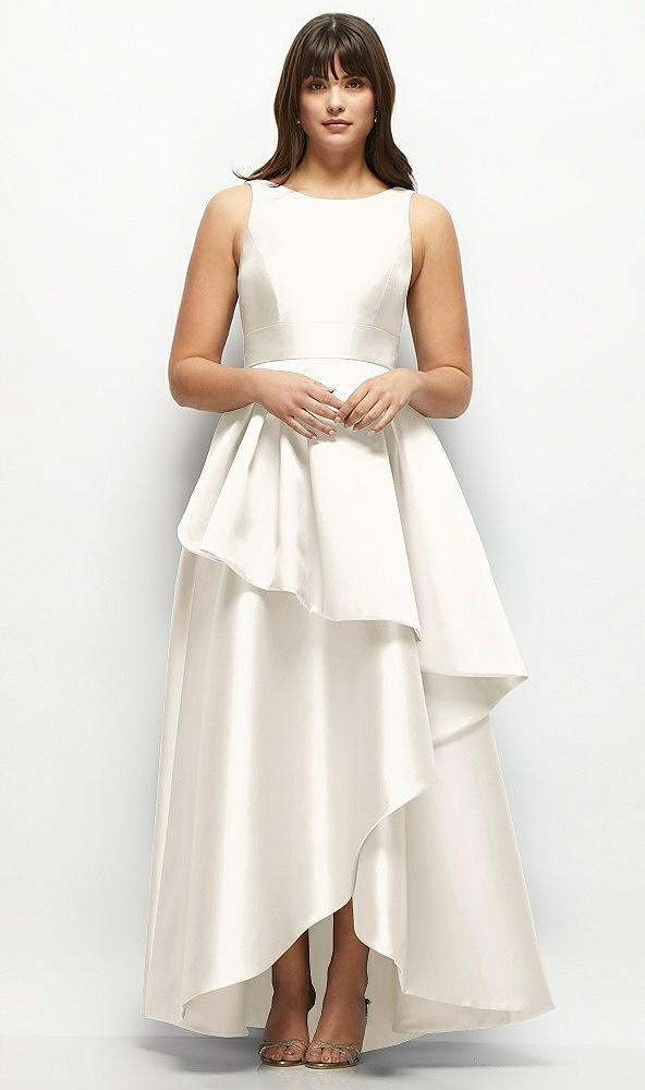 Front View - Ivory Satin Maxi Dress with Asymmetrical Layered Ballgown Skirt