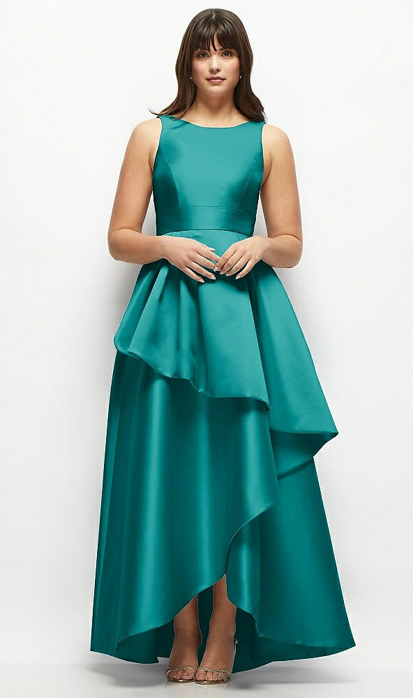 Front View - Jade Satin Maxi Dress with Asymmetrical Layered Ballgown Skirt