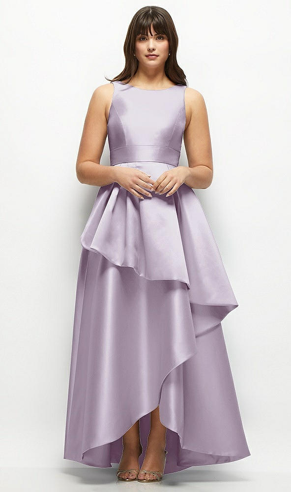 Front View - Lilac Haze Satin Maxi Dress with Asymmetrical Layered Ballgown Skirt