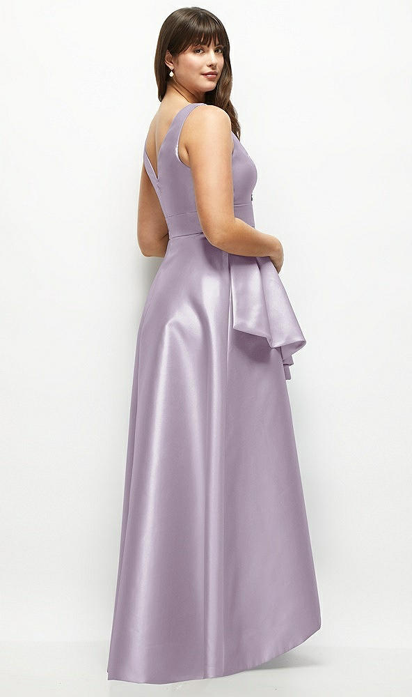 Back View - Lilac Haze Satin Maxi Dress with Asymmetrical Layered Ballgown Skirt