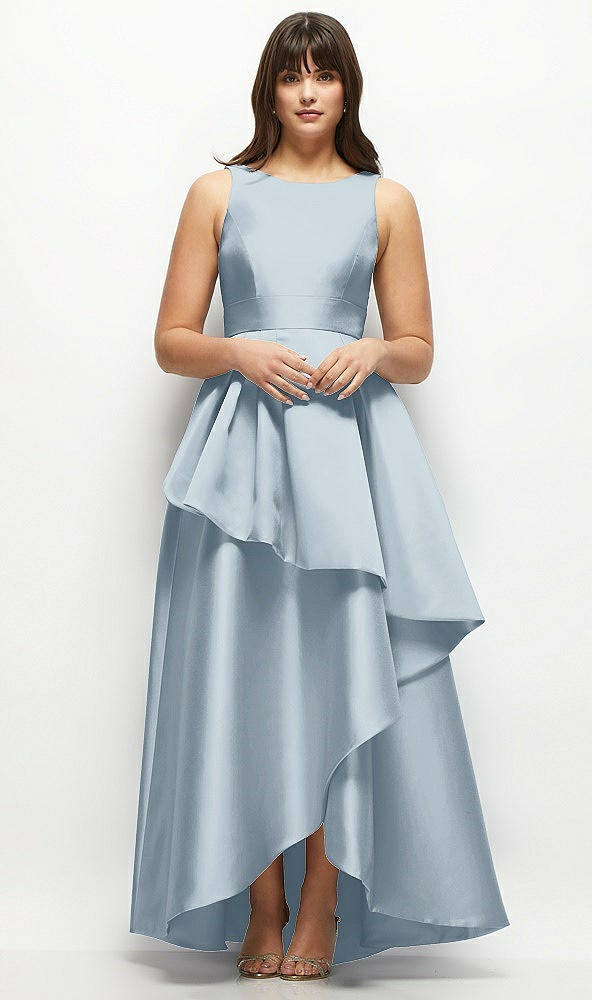 Front View - Mist Satin Maxi Dress with Asymmetrical Layered Ballgown Skirt