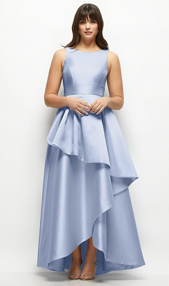 Front View - Sky Blue Satin Maxi Dress with Asymmetrical Layered Ballgown Skirt