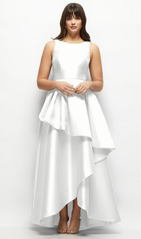 Front View - White Satin Maxi Dress with Asymmetrical Layered Ballgown Skirt