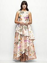 Front View Thumbnail - Butterfly Botanica Pink Sand Floral Satin Maxi Dress with Asymmetrical Layered Ballgown Skirt