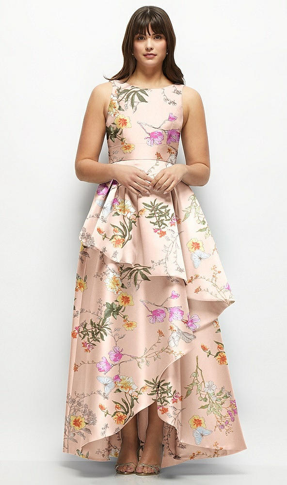 Front View - Butterfly Botanica Pink Sand Floral Satin Maxi Dress with Asymmetrical Layered Ballgown Skirt