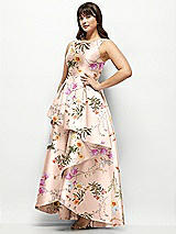 Side View Thumbnail - Butterfly Botanica Pink Sand Floral Satin Maxi Dress with Asymmetrical Layered Ballgown Skirt