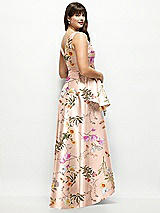 Rear View Thumbnail - Butterfly Botanica Pink Sand Floral Satin Maxi Dress with Asymmetrical Layered Ballgown Skirt