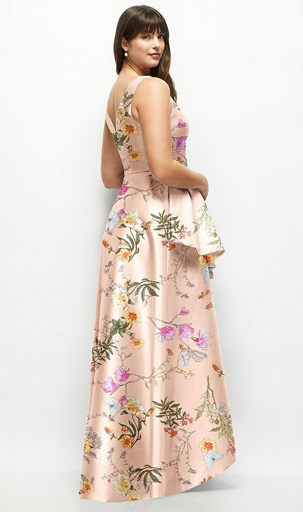 Back View - Butterfly Botanica Pink Sand Floral Satin Maxi Dress with Asymmetrical Layered Ballgown Skirt