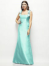 Front View Thumbnail - Coastal Satin Fit and Flare Maxi Dress with Shoulder Bows