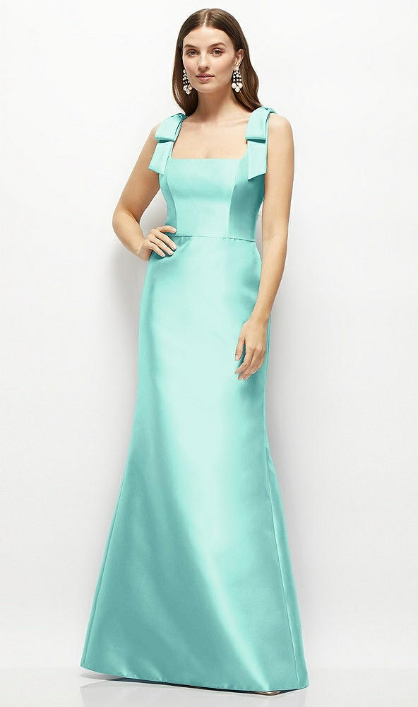 Front View - Coastal Satin Fit and Flare Maxi Dress with Shoulder Bows