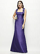 Front View Thumbnail - Grape Satin Fit and Flare Maxi Dress with Shoulder Bows