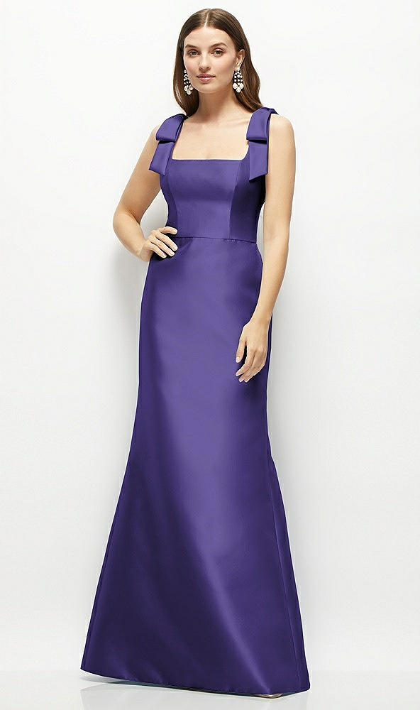 Front View - Grape Satin Fit and Flare Maxi Dress with Shoulder Bows