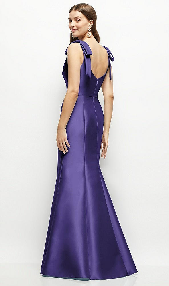 Back View - Grape Satin Fit and Flare Maxi Dress with Shoulder Bows