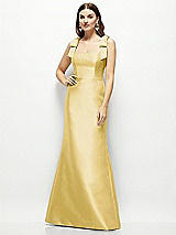 Front View Thumbnail - Maize Satin Fit and Flare Maxi Dress with Shoulder Bows