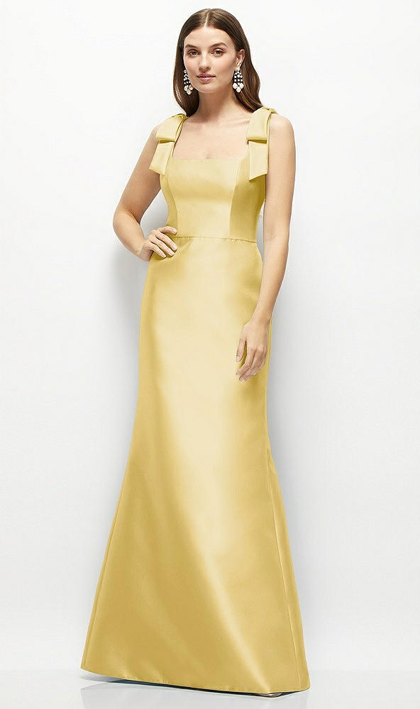 Front View - Maize Satin Fit and Flare Maxi Dress with Shoulder Bows
