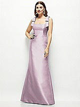 Front View Thumbnail - Suede Rose Satin Fit and Flare Maxi Dress with Shoulder Bows