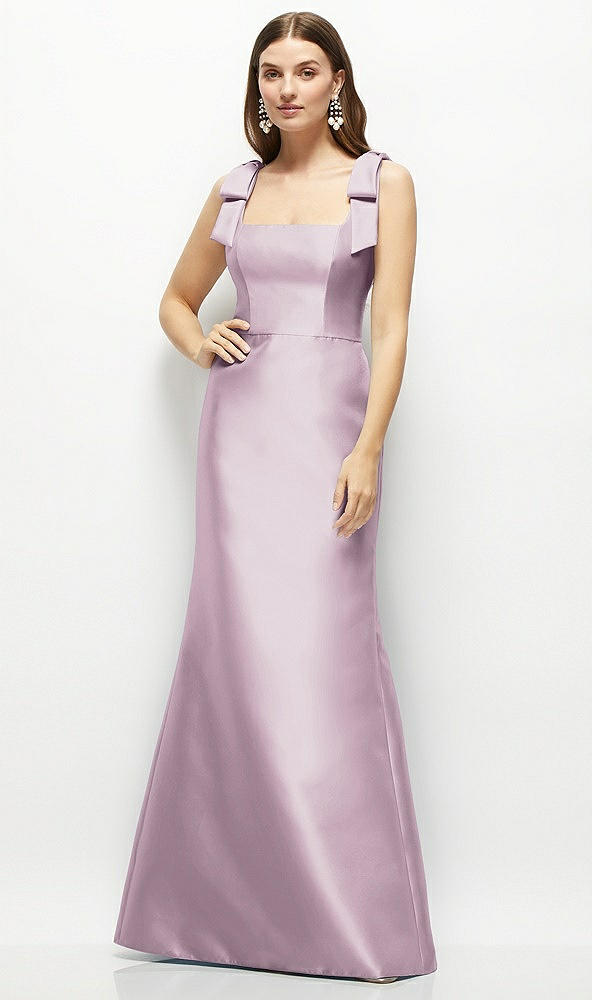 Front View - Suede Rose Satin Fit and Flare Maxi Dress with Shoulder Bows