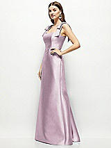 Side View Thumbnail - Suede Rose Satin Fit and Flare Maxi Dress with Shoulder Bows