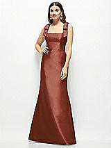 Front View Thumbnail - Auburn Moon Satin Fit and Flare Maxi Dress with Shoulder Bows