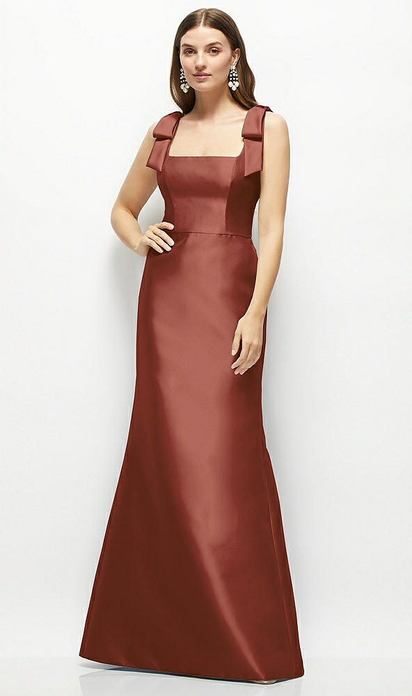 Front View - Auburn Moon Satin Fit and Flare Maxi Dress with Shoulder Bows