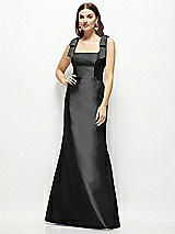 Front View Thumbnail - Black Satin Fit and Flare Maxi Dress with Shoulder Bows