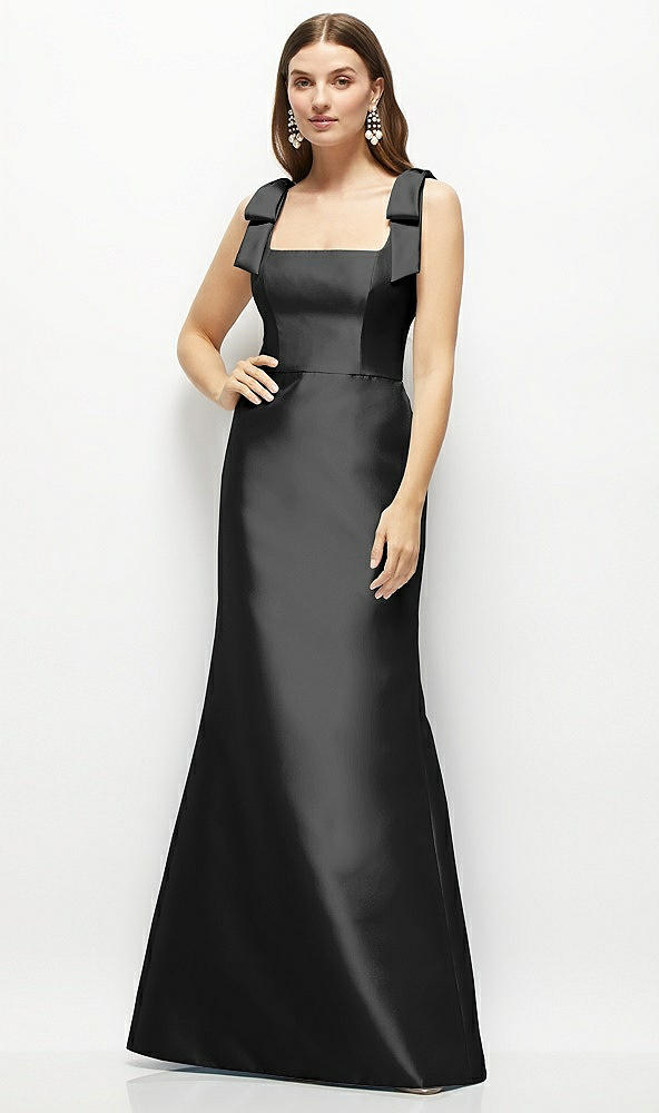 Front View - Black Satin Fit and Flare Maxi Dress with Shoulder Bows