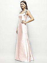 Side View Thumbnail - Blush Satin Fit and Flare Maxi Dress with Shoulder Bows