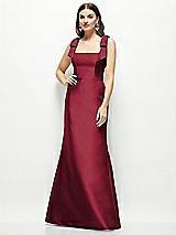 Front View Thumbnail - Burgundy Satin Fit and Flare Maxi Dress with Shoulder Bows