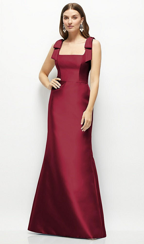 Front View - Burgundy Satin Fit and Flare Maxi Dress with Shoulder Bows