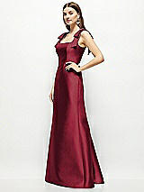 Side View Thumbnail - Burgundy Satin Fit and Flare Maxi Dress with Shoulder Bows