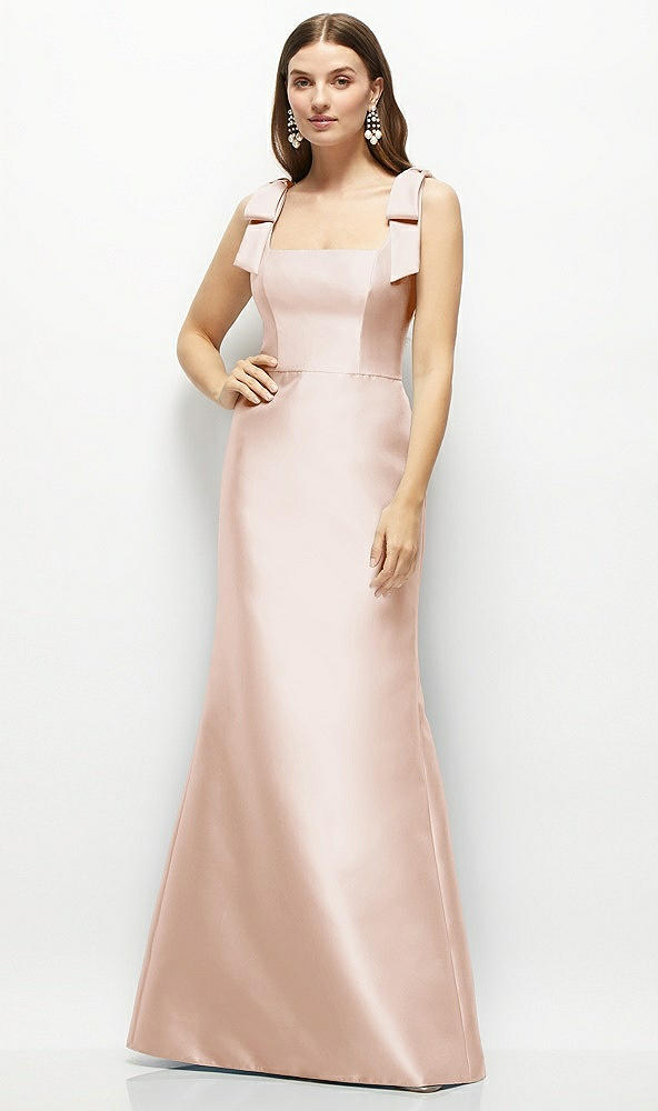 Front View - Cameo Satin Fit and Flare Maxi Dress with Shoulder Bows