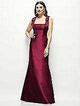 Front View Thumbnail - Cabernet Satin Fit and Flare Maxi Dress with Shoulder Bows