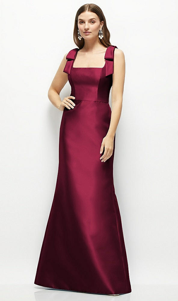Front View - Cabernet Satin Fit and Flare Maxi Dress with Shoulder Bows