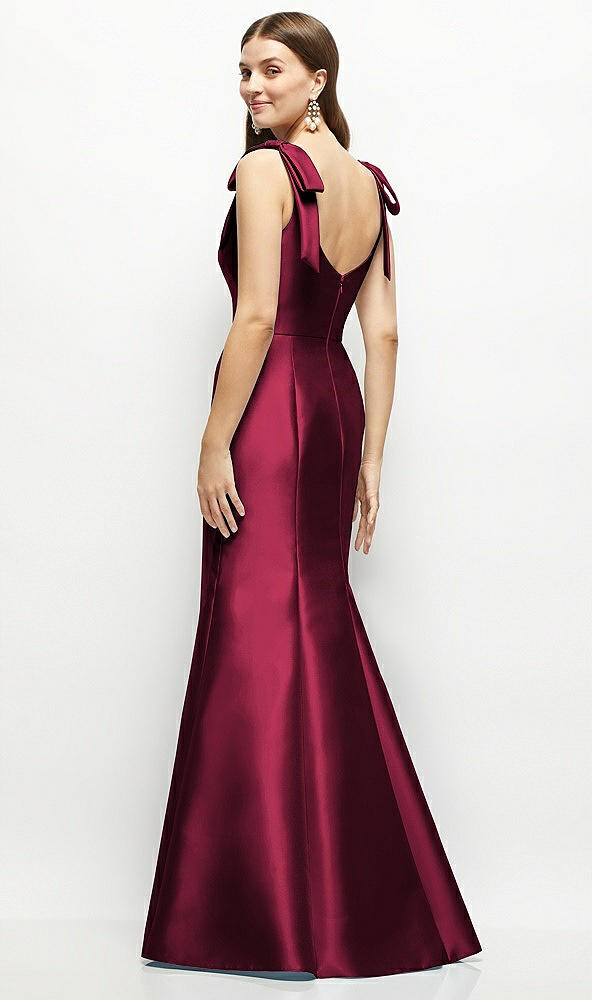 Back View - Cabernet Satin Fit and Flare Maxi Dress with Shoulder Bows