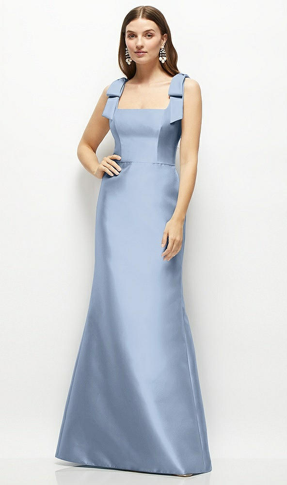 Front View - Cloudy Satin Fit and Flare Maxi Dress with Shoulder Bows