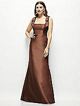 Front View Thumbnail - Cognac Satin Fit and Flare Maxi Dress with Shoulder Bows