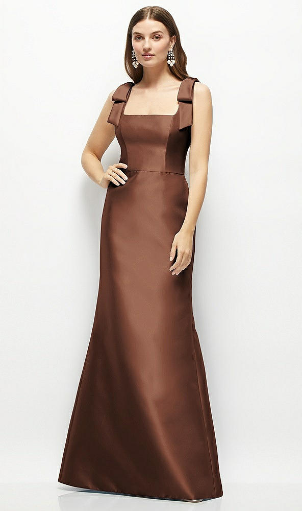 Front View - Cognac Satin Fit and Flare Maxi Dress with Shoulder Bows